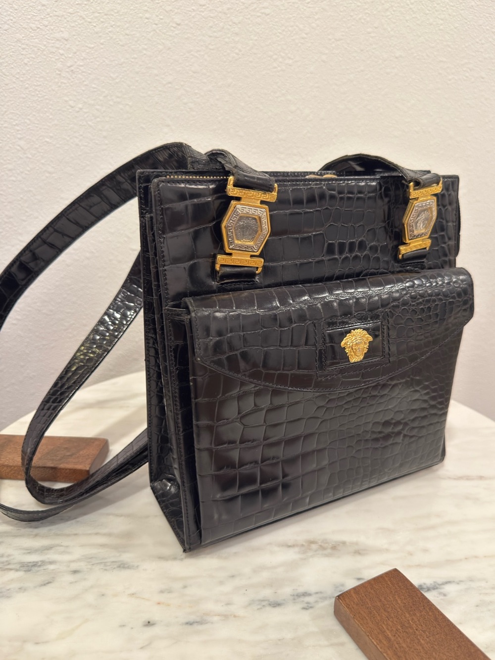 AUTHENTIC Gianni Versace Croc-Embossed Leather Medusa Shoulder Bag